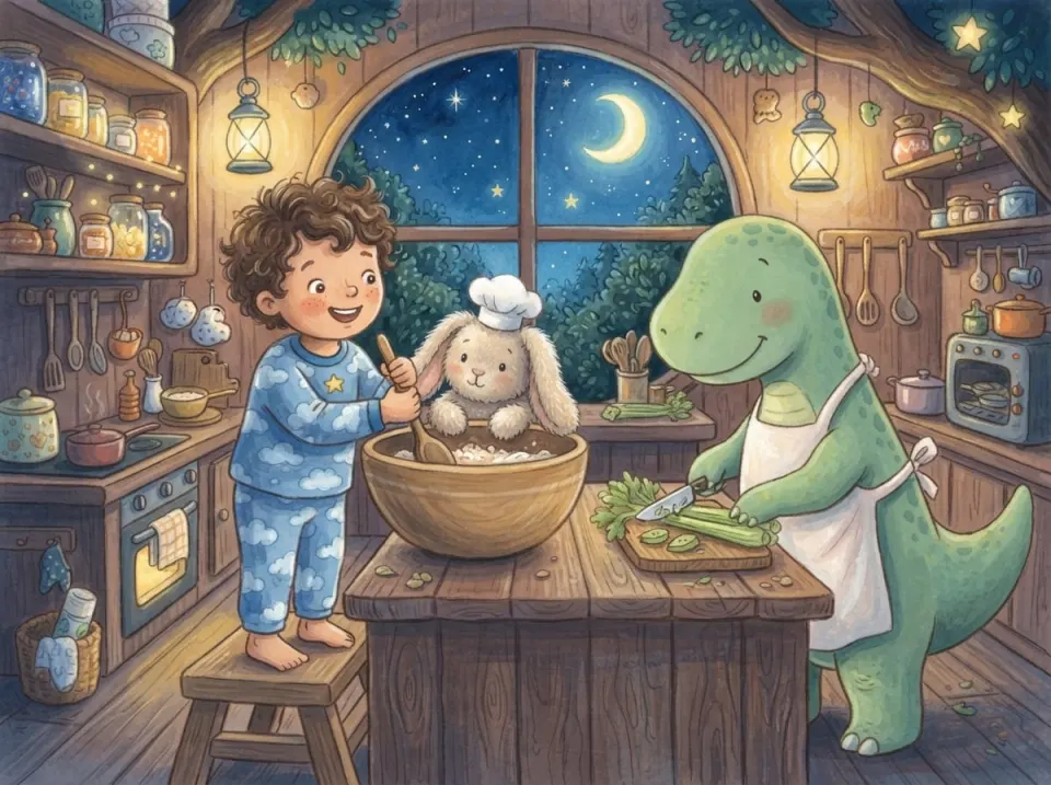 A page from an Avec Maya picture book: a child in star pyjamas and a gentle green dinosaur cooking together in a cosy kitchen at night