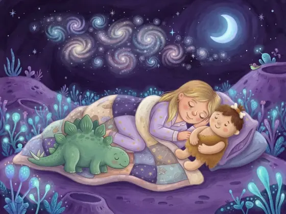 A storybook page: a girl and her teddy asleep under a patchwork quilt beneath the stars, a dinosaur snoozing beside them