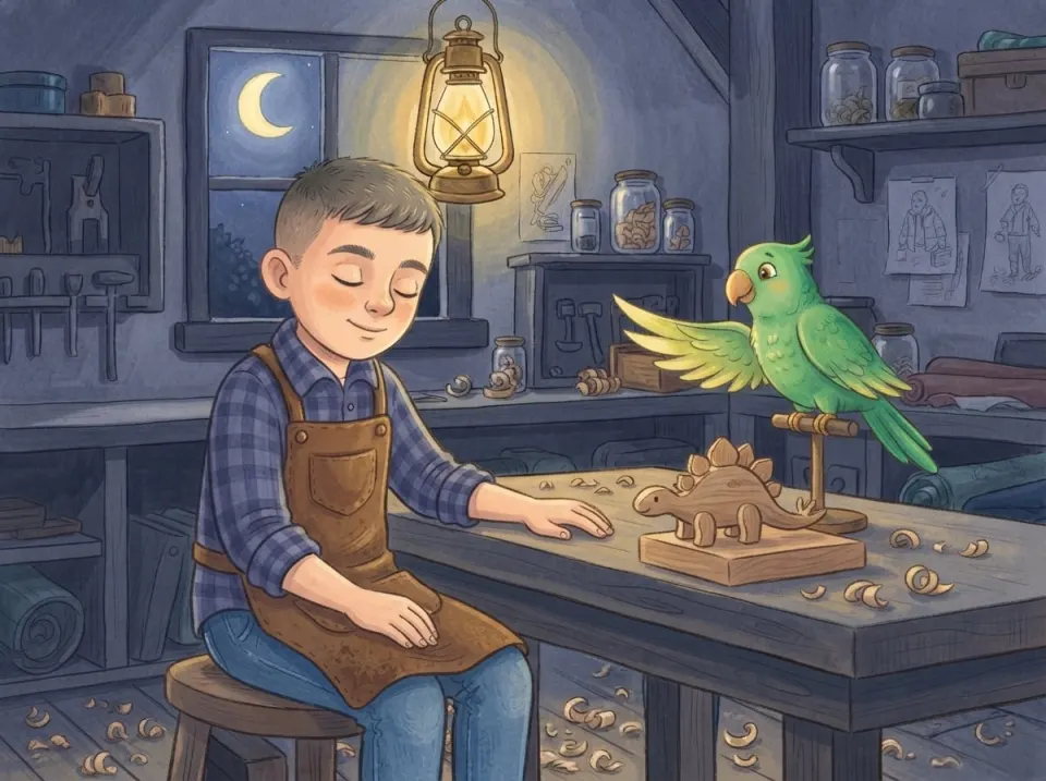 An Avec Maya picture-book page: a boy in a woodwork apron building a wooden dinosaur, with a green parrot beside him