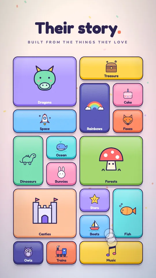 A board of picture tiles: dragons, space, castles, ocean, bunnies, forests and more